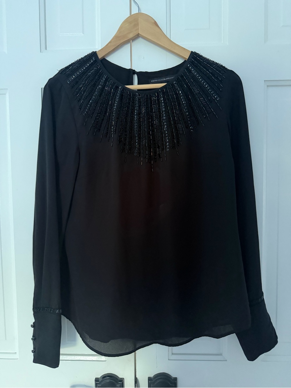 White House Black Market Black Beaded Long-Sleeve Blouse